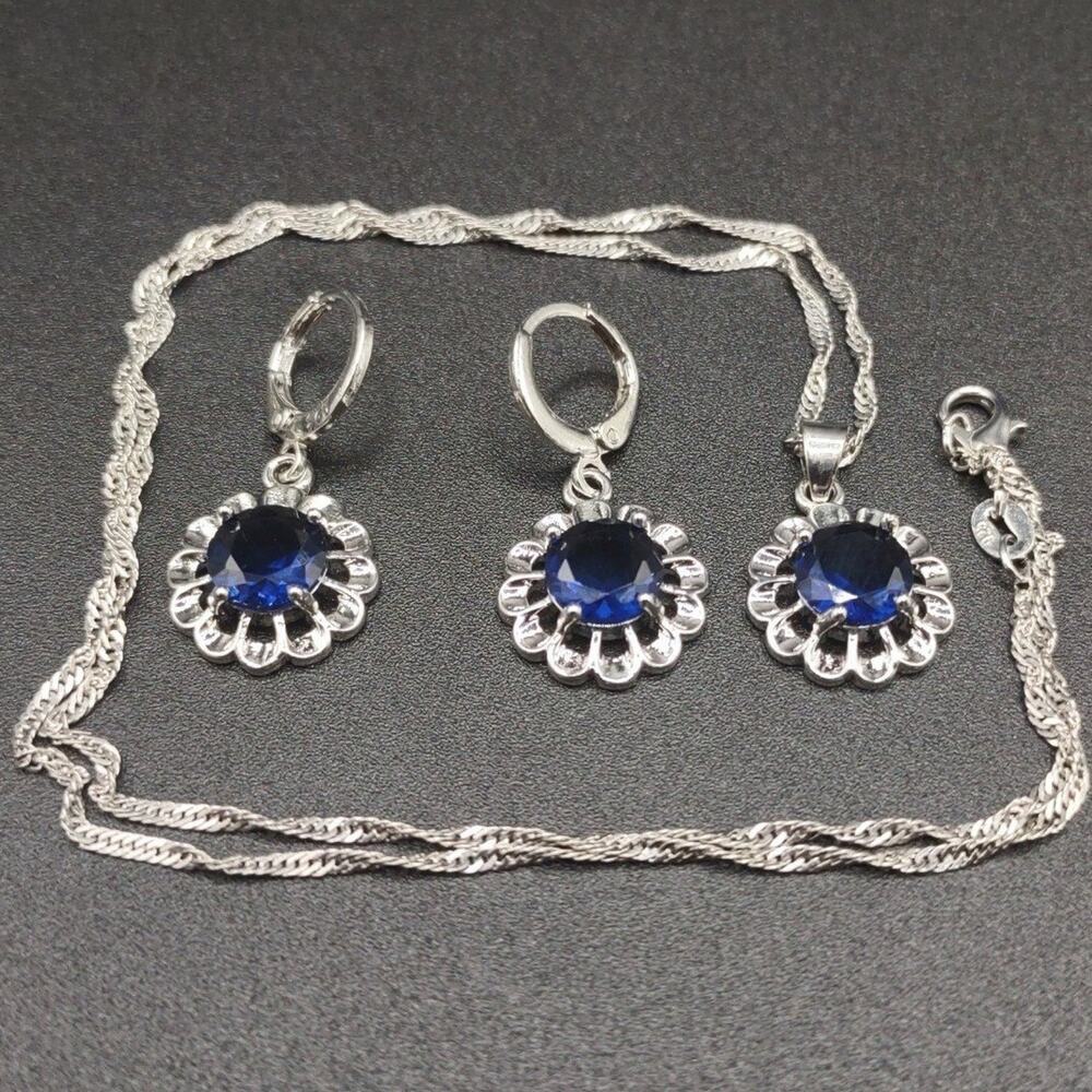 925 Silver Lab Sapphire Blue Flower Necklace Earrings Set BOHO Fashion Gift NEW